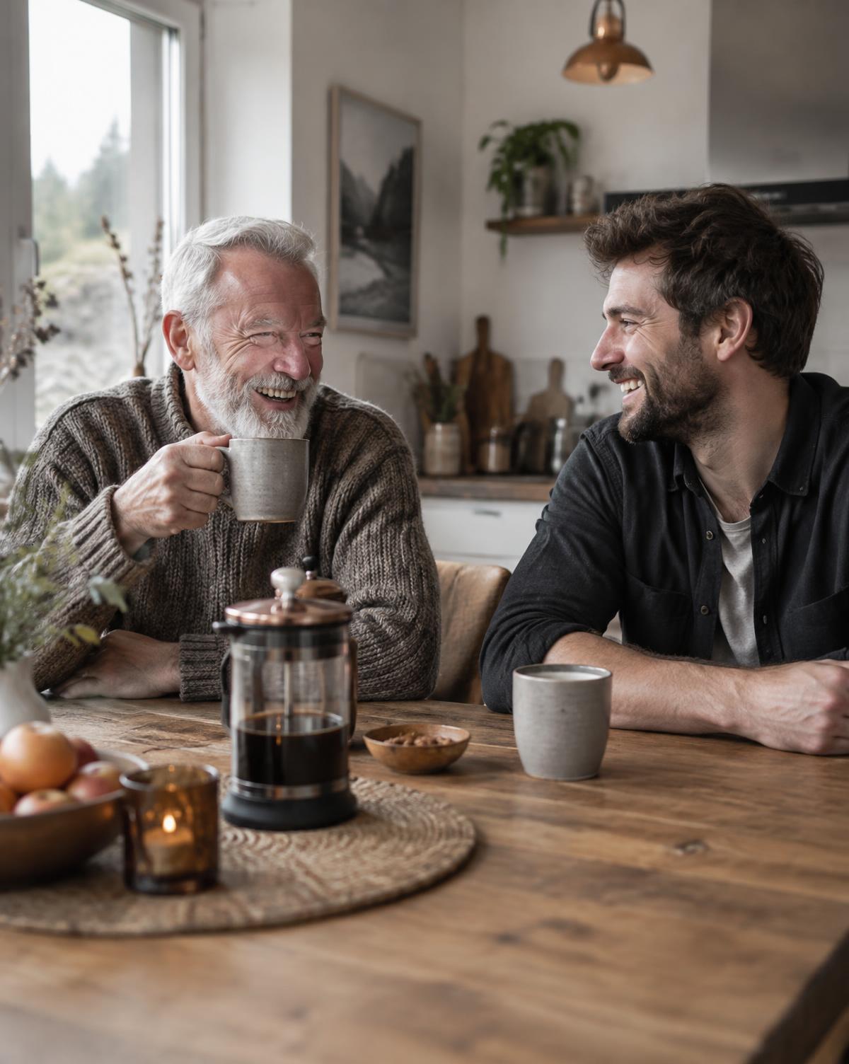 To menn i en varm samtale over kaffe ved et kjøkkenbord i mykt dagslys